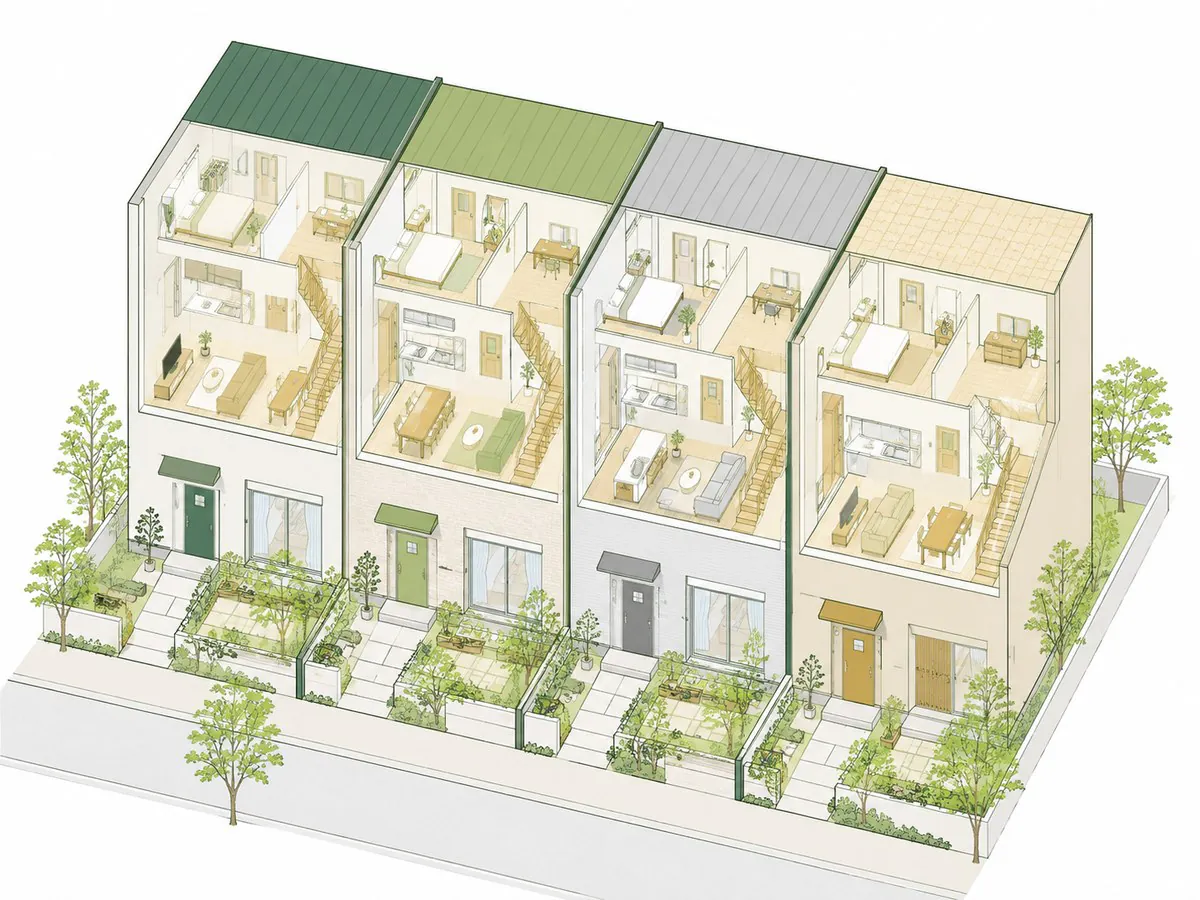 テラスハウスの構成を説明するイラスト｜各戸に専用の玄関と庭がある連棟の住まい