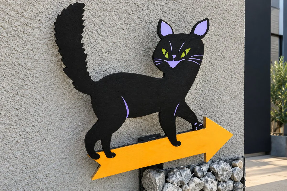 外壁に取り付けられた黒猫と矢印のサイン