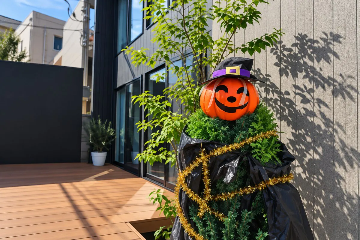 神大寺モデルハウスのウッドデッキ横に置かれたハロウィンのかぼちゃの飾り